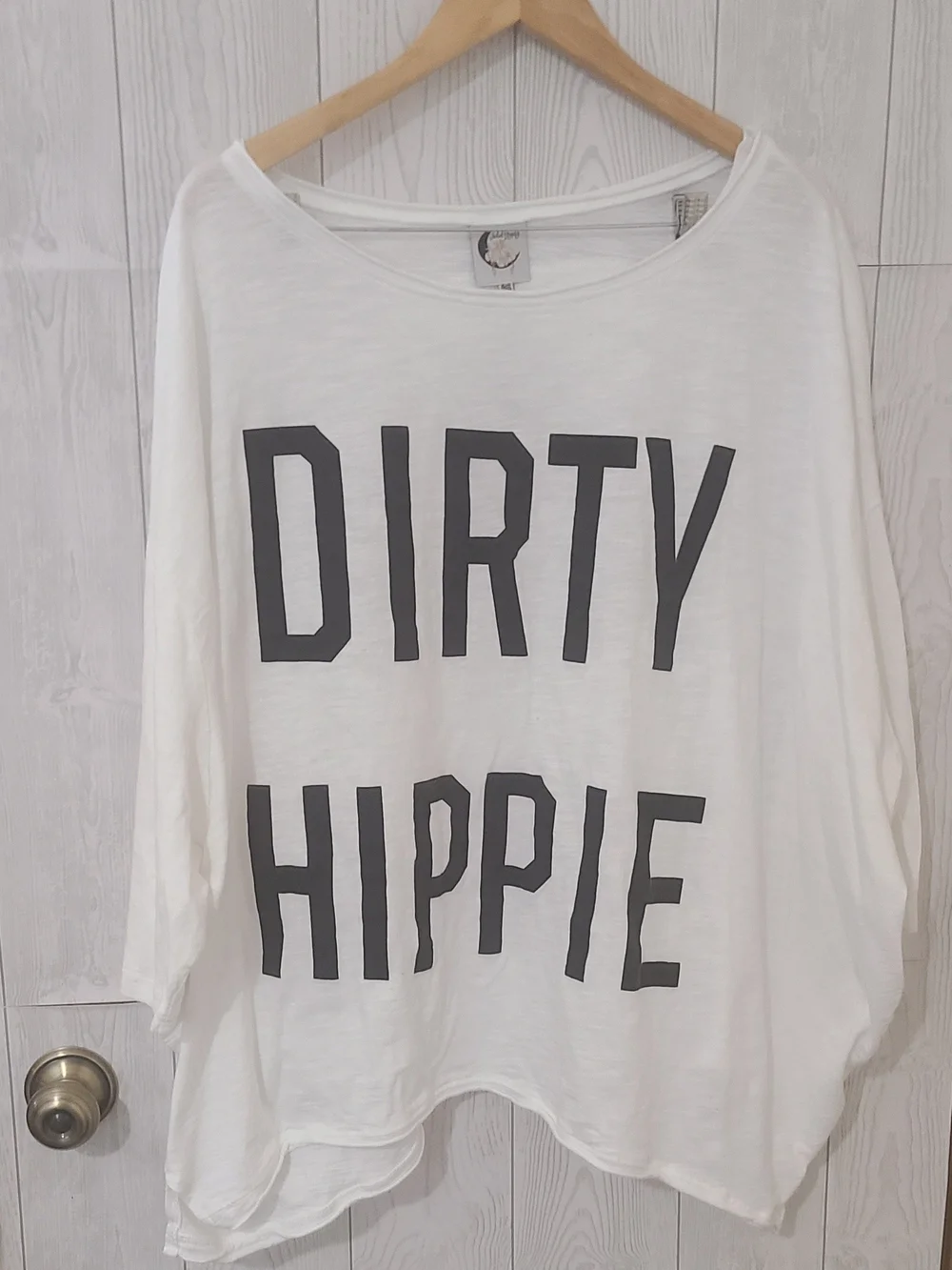 White Graphic Oversized Tee with "DIRTY HIPPIE" Text - Picture 1 of 5